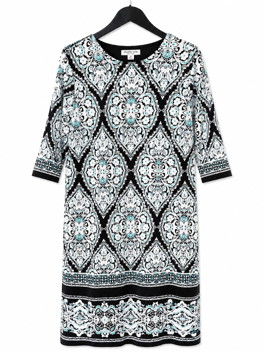 Studio One Black White and Aqua Medallion Tunic Dress